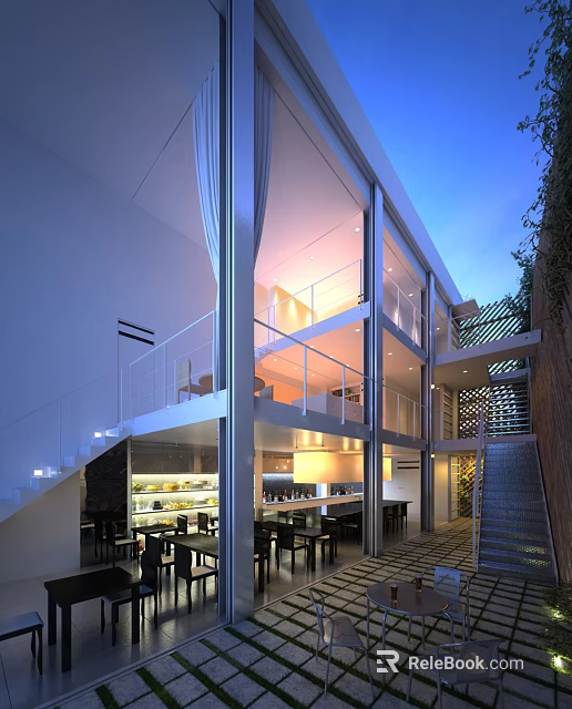 Modern Restaurant Interior Design With Glass Facade Open Space Stairs And Lighting 3d model 