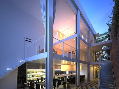 Modern Restaurant Interior Design With Glass Facade Open Space Stairs And Lighting 3d model