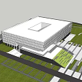 Modern Architectural Exterior With Geometric Facade Spacious Plaza And Green Landscaping