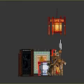 Oriental Scenery Decor with Red Lanterns Landscape Carved Screen and Traditional Ornaments
