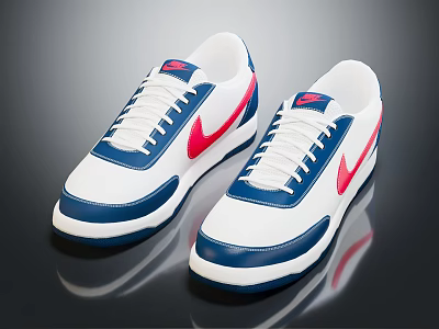 White Nike Sneakers With Blue Red Accents Swoosh Logo And White Laces 3d model