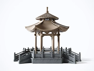 Traditional Pagoda Style Garden Pavilion With Wooden Pillars Stone Base And Surrounding Railing 3d model