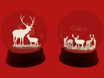 Decorative Ornament Set with Crystal Globes Deer Silhouettes and Wooden Base 3d model