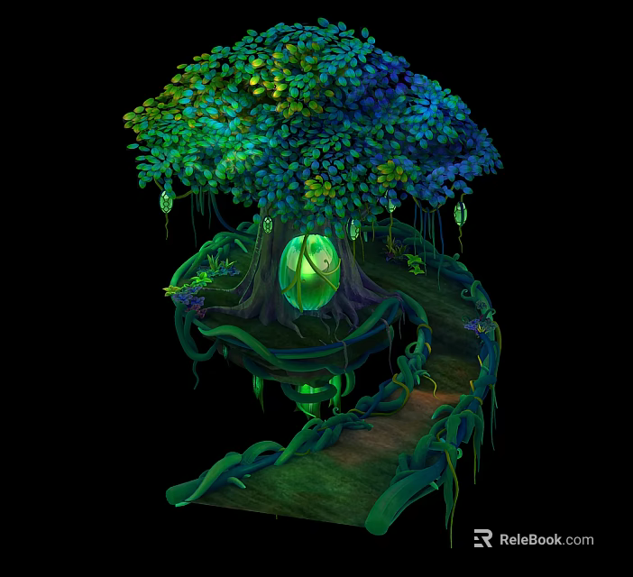 Enchanting Plant Scene With Green And Blue Leaf Tree Glowing Orbs Vines And Winding Path 3d model 
