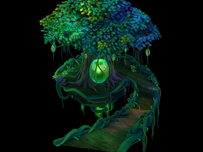 Enchanting Plant Scene With Green And Blue Leaf Tree Glowing Orbs Vines And Winding Path 3d model