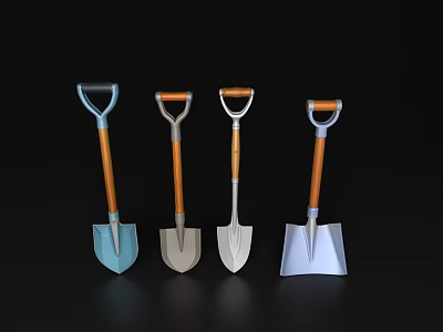 Hardware Tools Shovels Set Of Four With Various Colors And Wooden Handles 3d model
