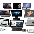 Various Computer Monitors Display Different Screens with Keyboard Mouse and Desktop Accessories 3d model