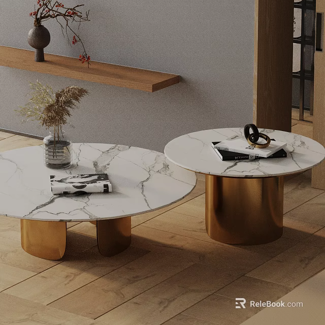Modern Interior Sofa Coffee Table Set With Round Marble Top Gold Base And Magazines 3d model