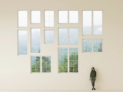 Multiple Casement Windows Arrangement With Mountain View And Minimalist Wall Design 3d model