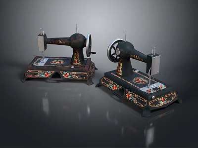 Two Vintage Sewing Machines With Decorative Floral Patterns And Classic Design 3d model