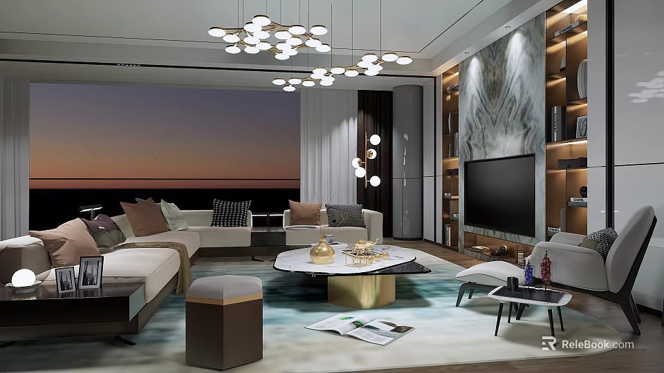 Modern Living Room Interior With Chandelier Sofa Coffee Table TV Wall And Scenic View 3d model 