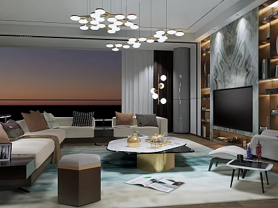 Modern Living Room Interior With Chandelier Sofa Coffee Table TV Wall And Scenic View 3d model