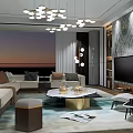 Modern Living Room Interior With Chandelier Sofa Coffee Table TV Wall And Scenic View