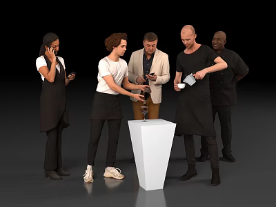 Group of People Interacting Around White Pedestal Table Passing Drinks Using Phones and Cutting Items 3d model
