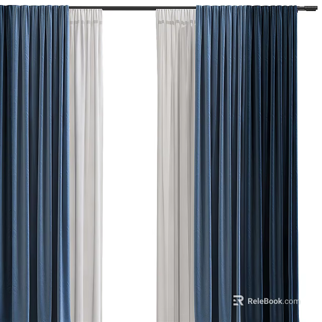 Modern Navy Blue And White Layered Curtains For Home Window Decoration 3d model 