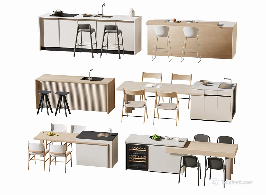 Modern Kitchen Bar Counter Designs With Light Wood Finish And Stools 3d model 