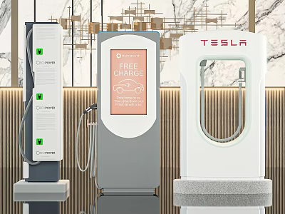 Public Tesla EV Charging Stations with Free Charge Display and Modern Interface 3d model