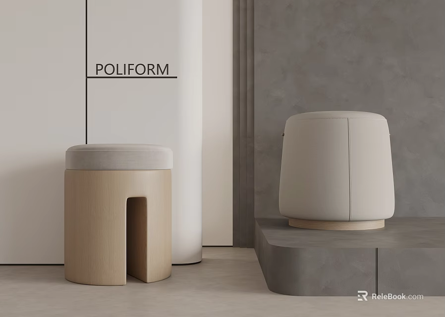 POLIFORM Modern Stools Wooden And Beige Upholstered With Gray Seats In Contemporary Interior Design 3d model 