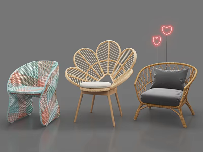 Stylish Leisure Chairs Colorful Woven Petal Rattan Designs With Gray Cushion And Heart Neon Lights 3d model