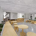 Modern Spacious Office Interior With Wooden Benches Marble Flooring And Green Plants