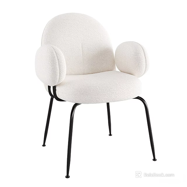 Modern White Plush Dining Chair With Round Armrests And Black Metal Legs 3d model 