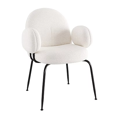 Modern White Plush Dining Chair With Round Armrests And Black Metal Legs 3d model