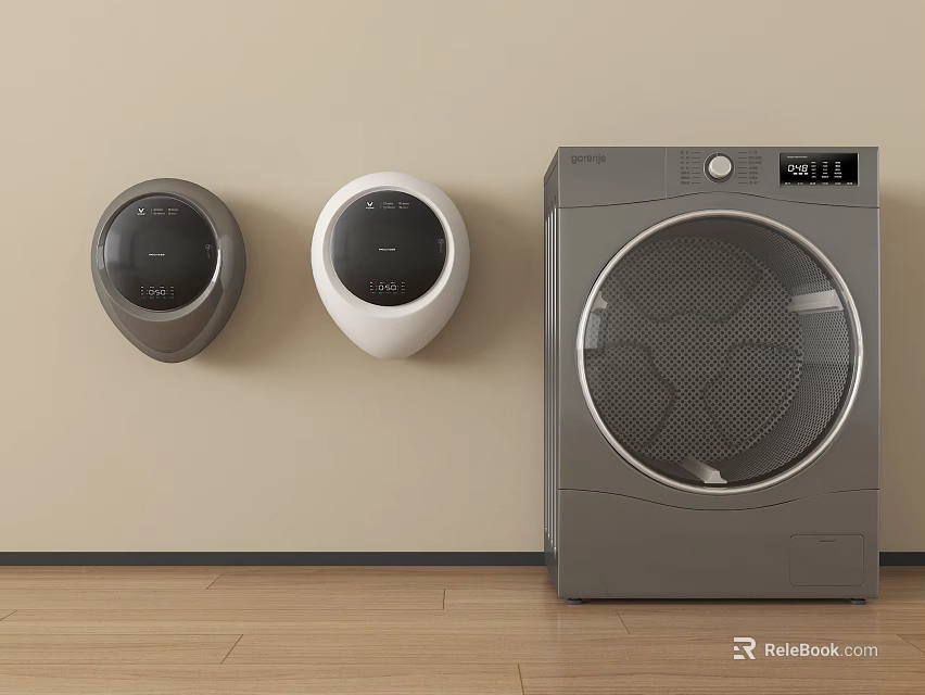 Gray Washing Machine With Two Small Circular Appliances On Beige Wall And Wooden Floor 3d model 