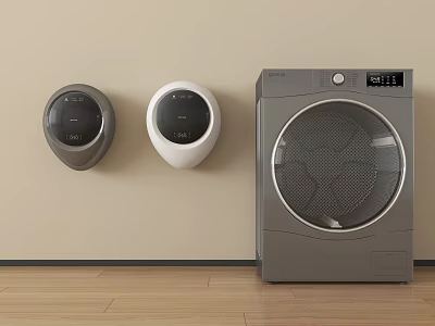 Gray Washing Machine With Two Small Circular Appliances On Beige Wall And Wooden Floor 3d model