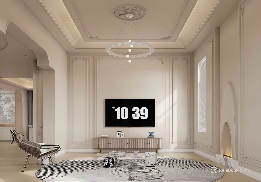 Modern Beige Living Dining Room with Decorative Ceiling Chandelier Black TV Cabinet Patterned Rug Fireplace 3d model 