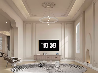 Modern Beige Living Dining Room with Decorative Ceiling Chandelier Black TV Cabinet Patterned Rug Fireplace 3d model