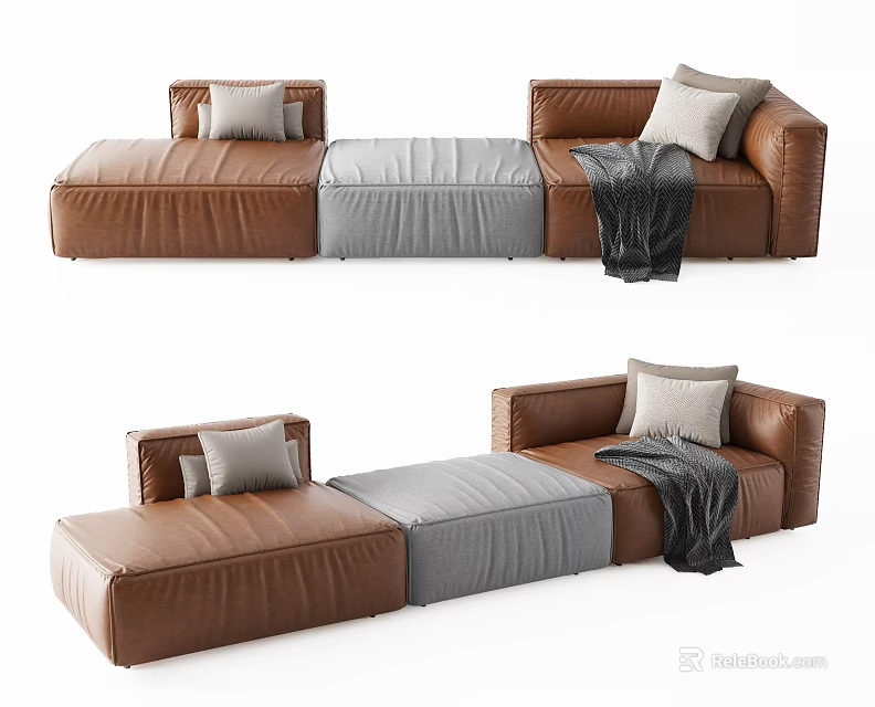 Modern Brown Leather Sectional Sofa With Gray Middle Section Pillows And Throw Blanket 3d model
