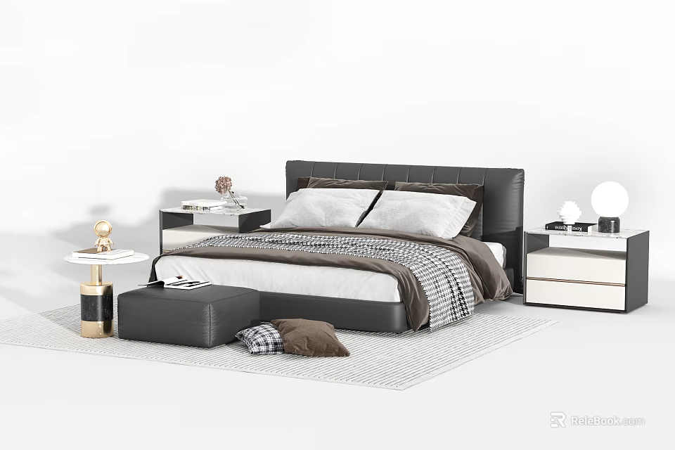 Modern Double Bed with Black Headboard Checkered Bedding Nightstands and Ottoman 3d model