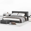 Modern Double Bed with Black Headboard Checkered Bedding Nightstands and Ottoman 3d model