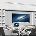 Modern School Study Space With White Tables Chairs Large Screen Green Plants And Bookshelves
