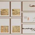 Chinese Landscape Paintings With Mountains Boat And Calligraphy In White Frames