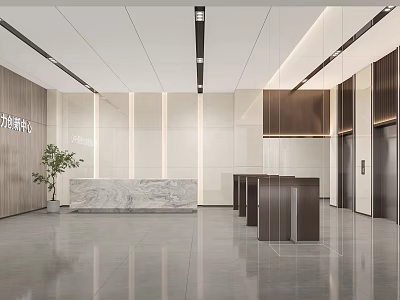 Modern Corporate Reception Lobby Interior Design With Marble Desk Wooden Accents Green Plant And Elevators 3d model