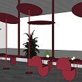Red Outdoor Chairs With Matching Umbrellas Green Plants And Urban View