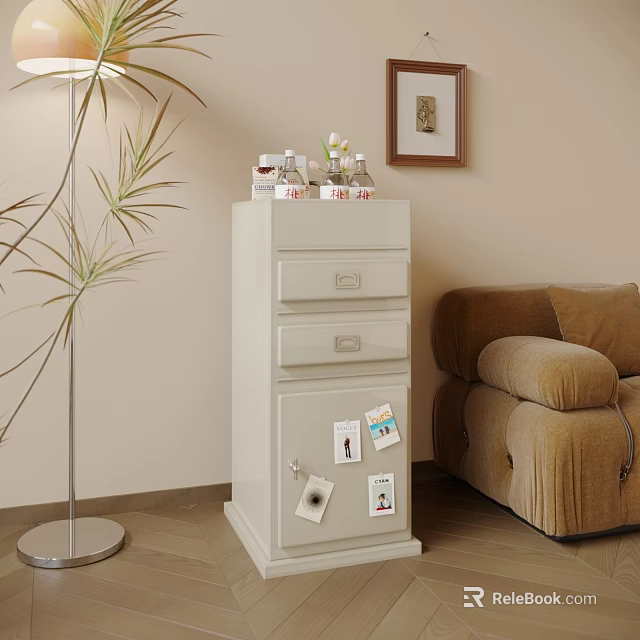 White Decorative Cabinet With Drawers And Photos Next To Sofa And Floor Lamp 3d model 