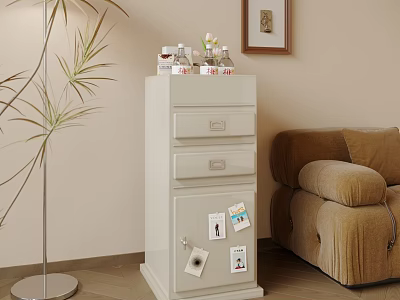 White Decorative Cabinet With Drawers And Photos Next To Sofa And Floor Lamp 3d model