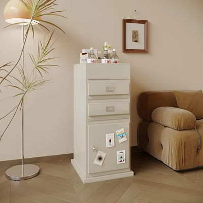 White Decorative Cabinet With Drawers And Photos Next To Sofa And Floor Lamp 3d model