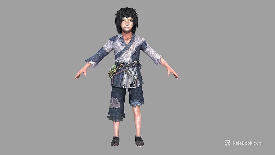 Game Movie Character With Black Hair In Gray Blue Top Tattered Shorts And Arms Outstretched 3d model 