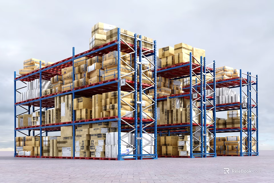 Warehouse Storage Racks With Multiple Levels Stacked Boxes And Blue Frames 3d model 