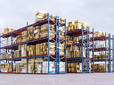 Warehouse Storage Racks With Multiple Levels Stacked Boxes And Blue Frames 3d model