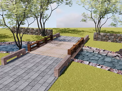 Scenic Landscape Bridge With Wooden Deck Over Stream And Stone Walls In Green Grass Area 3d model