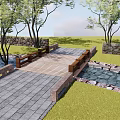 Scenic Landscape Bridge With Wooden Deck Over Stream And Stone Walls In Green Grass Area