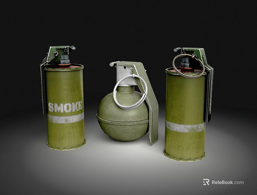 Green Military Grenades Including Smoke Type And Standard Models With Metal Casings And Pull Rings 3d model 