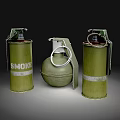 Green Military Grenades Including Smoke Type And Standard Models With Metal Casings And Pull Rings