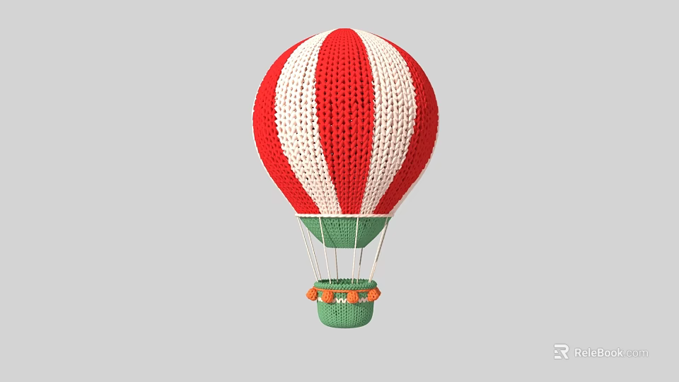 Knitted Red And White Striped Hot Air Balloon Photo Spot With Green Basket 3d model 