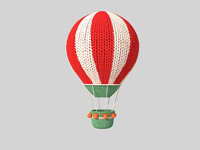 Knitted Red And White Striped Hot Air Balloon Photo Spot With Green Basket 3d model