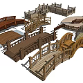Various Landscape Bridges With Wooden Structures Curved Railings And Circular Platforms